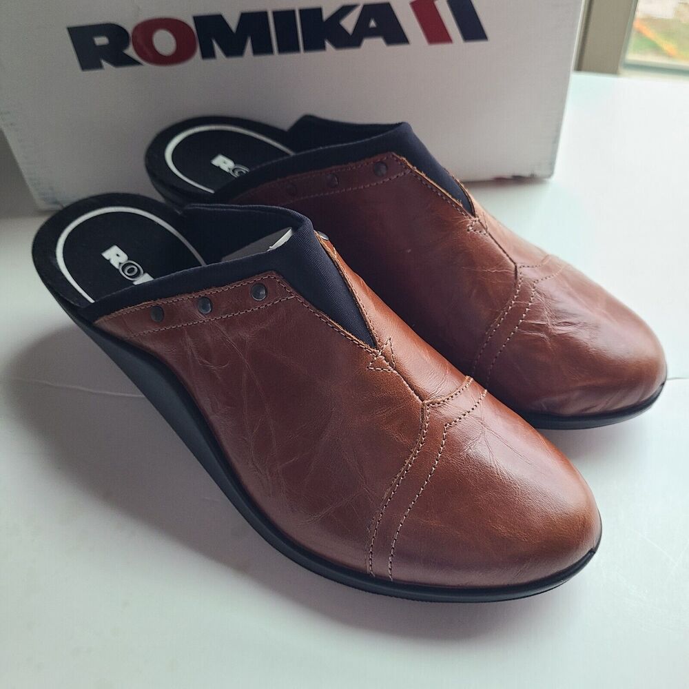 Romika Mokassetta Shoes Women's Size 41 Leather Brown Studded Mules NEW‎